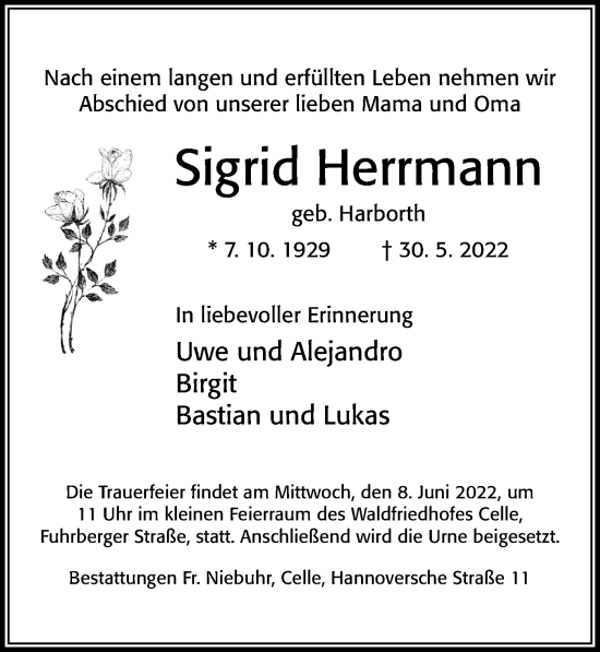 Traueranzeige von Sigrid Herrmann von Cellesche Zeitung