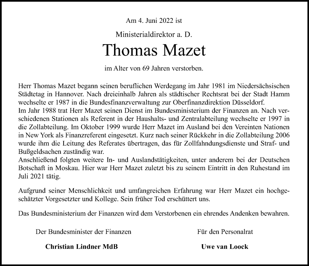  Traueranzeige für Thomas Mazet vom 18.06.2022 aus Cellesche Zeitung