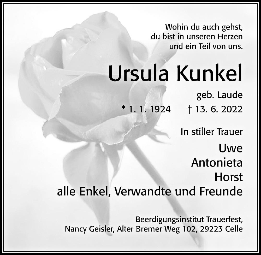  Traueranzeige für Ursula Kunkel vom 18.06.2022 aus Cellesche Zeitung