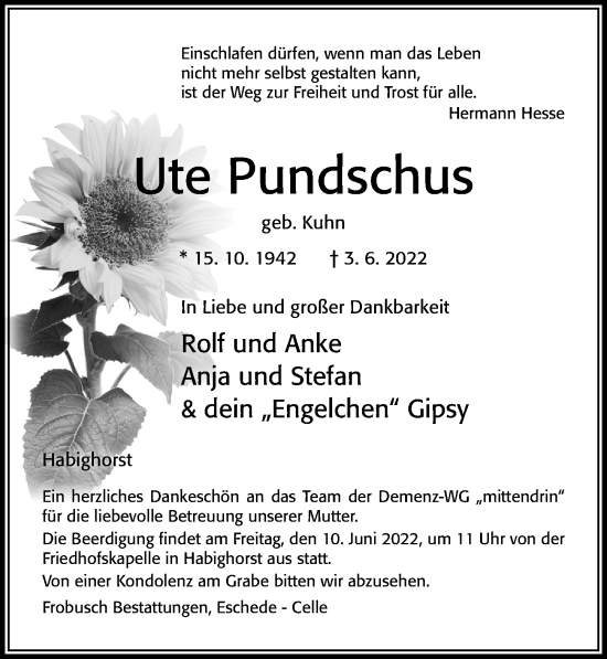 Traueranzeige von Ute Pundschus von Cellesche Zeitung