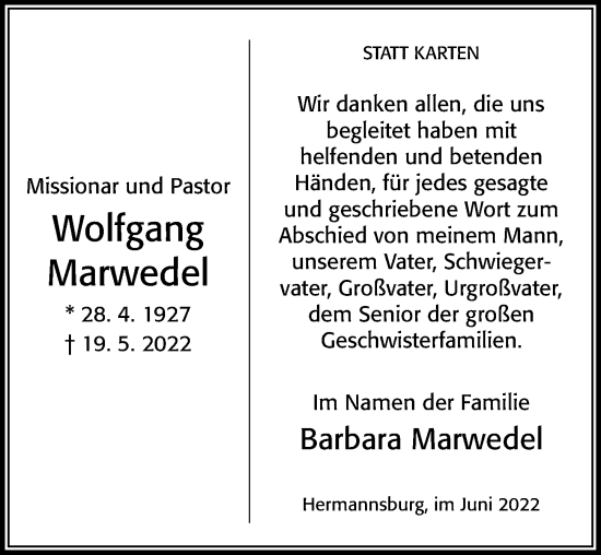 Traueranzeige von Wolfgang Marwedel von Cellesche Zeitung