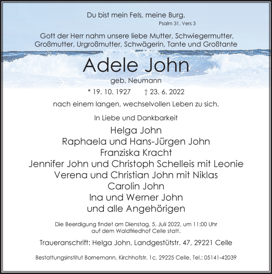 Traueranzeige von Adele John von Cellesche Zeitung