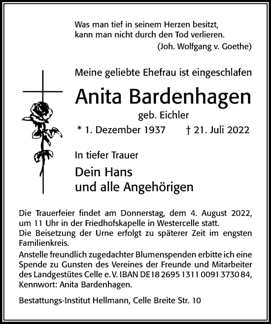 Traueranzeige von Anita Bardenhagen von Cellesche Zeitung