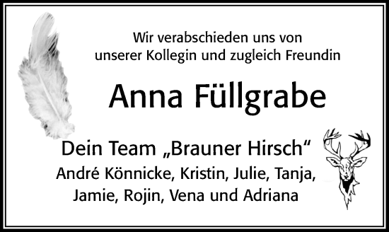 Traueranzeige von Anna Füllgrabe von Cellesche Zeitung