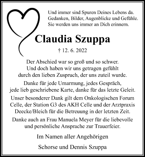 Traueranzeige von Claudia Szuppa von Cellesche Zeitung