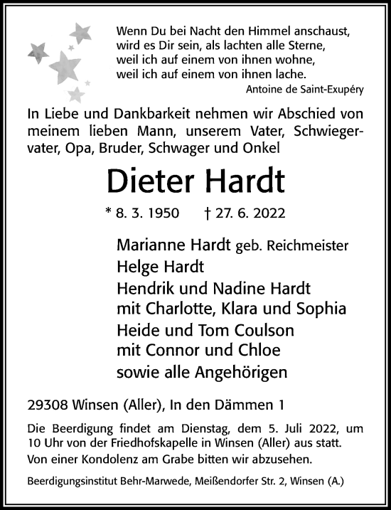 Traueranzeige von Dieter Hardt von Cellesche Zeitung