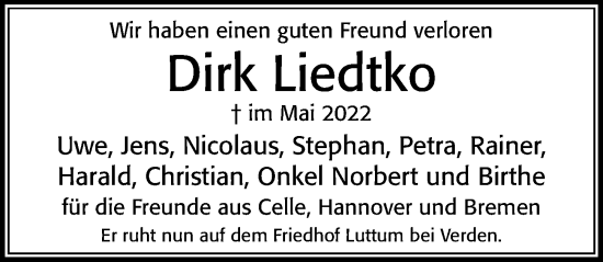 Traueranzeige von Dirk Liedtko von Cellesche Zeitung