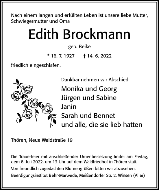 Traueranzeige von Edith Brockmann von Cellesche Zeitung