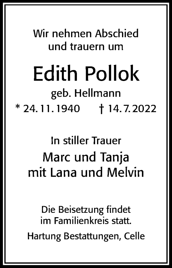 Traueranzeige von Edith Pollok von Cellesche Zeitung
