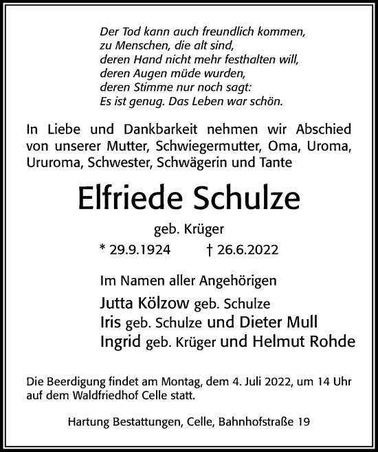 Traueranzeige von Elfriede Schulze von Cellesche Zeitung
