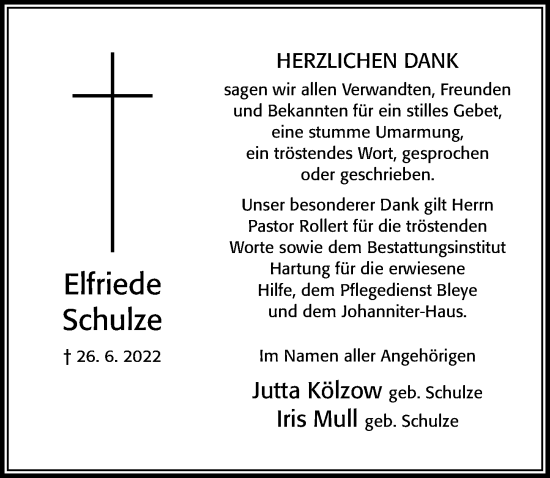 Traueranzeige von Elfriede Schulze von Cellesche Zeitung