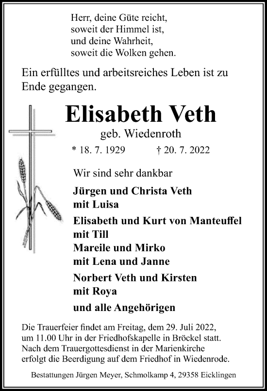 Traueranzeige von Elisabeth Veth von Cellesche Zeitung