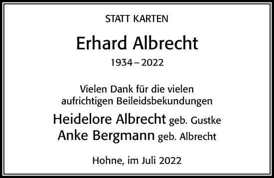 Traueranzeige von Erhard Albrecht von Cellesche Zeitung