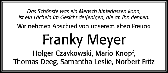 Traueranzeige von Franky Meyer von Cellesche Zeitung