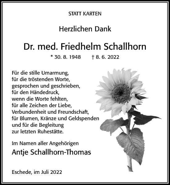 Traueranzeige von Friedhelm Schallhorn von Cellesche Zeitung