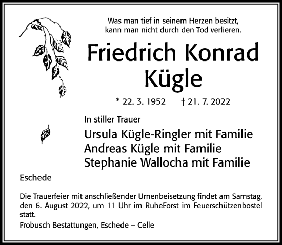 Traueranzeige von Friedrich Konrad Kügle von Cellesche Zeitung