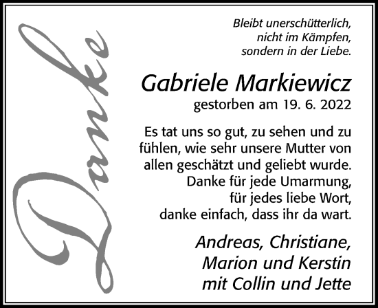 Traueranzeige von Gabriele Markiewicz von Cellesche Zeitung