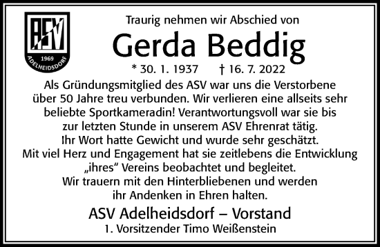 Traueranzeige von Gerda Beddig von Cellesche Zeitung