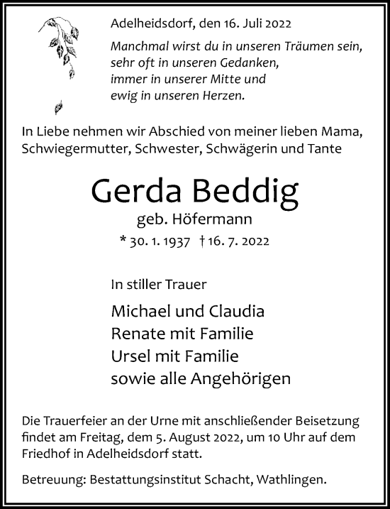 Traueranzeige von Gerda Beddig von Cellesche Zeitung