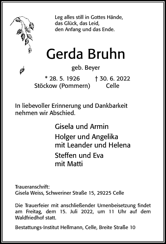 Traueranzeige von Gerda Bruhn von Cellesche Zeitung