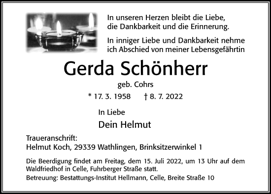 Traueranzeige von Gerda Schönherr von Cellesche Zeitung