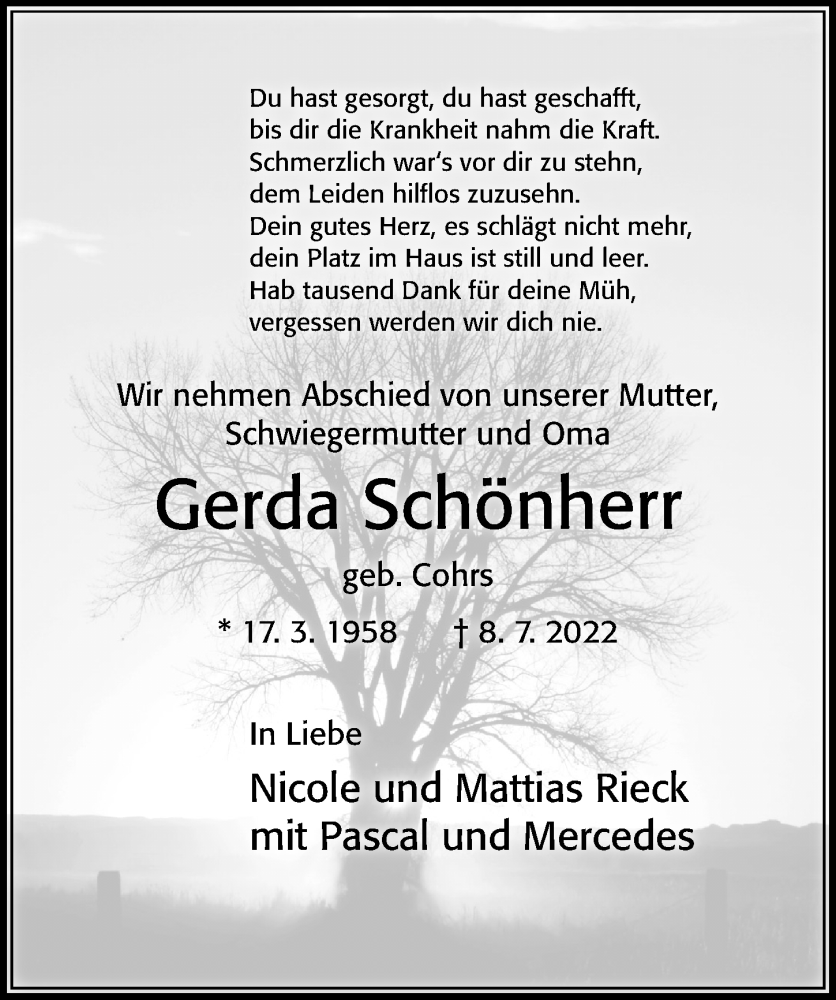  Traueranzeige für Gerda Schönherr vom 13.07.2022 aus Cellesche Zeitung