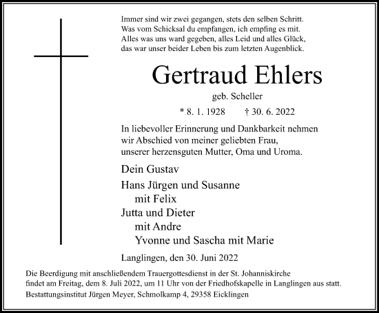 Traueranzeige von Gertraud Ehlers von Cellesche Zeitung