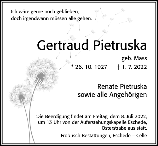 Traueranzeige von Gertraud Pietruska von Cellesche Zeitung