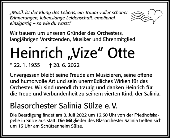 Traueranzeige von Heinrich Otte von Cellesche Zeitung