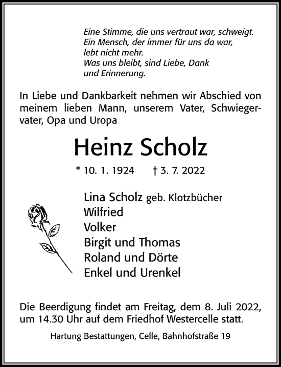 Traueranzeige von Heinz Scholz von Cellesche Zeitung