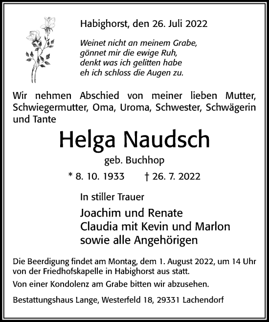 Traueranzeige von Helga Naudsch von Cellesche Zeitung