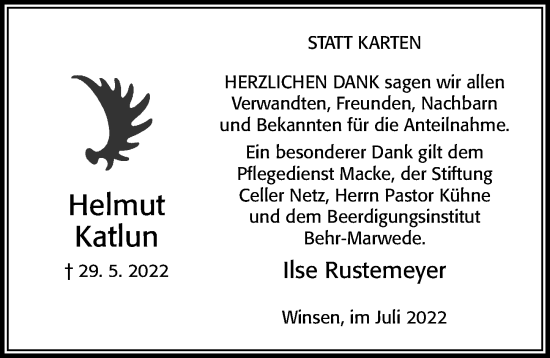 Traueranzeige von Helmut Katlun von Cellesche Zeitung
