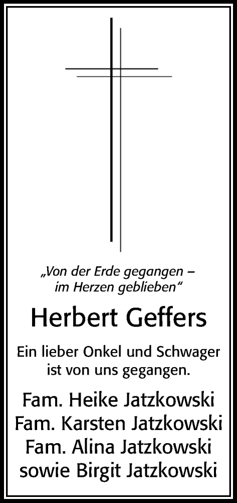 Traueranzeige von Herbert Geffers von Cellesche Zeitung
