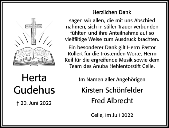 Traueranzeige von Herta Gudehaus von Cellesche Zeitung