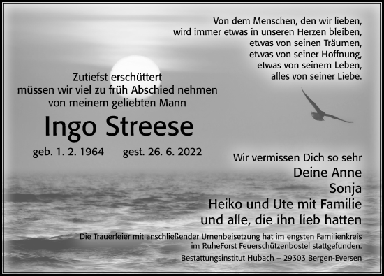 Traueranzeige von Ingo Streese von Cellesche Zeitung