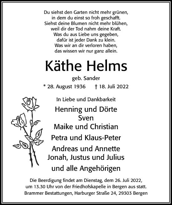 Traueranzeige von Käthe Helms von Cellesche Zeitung