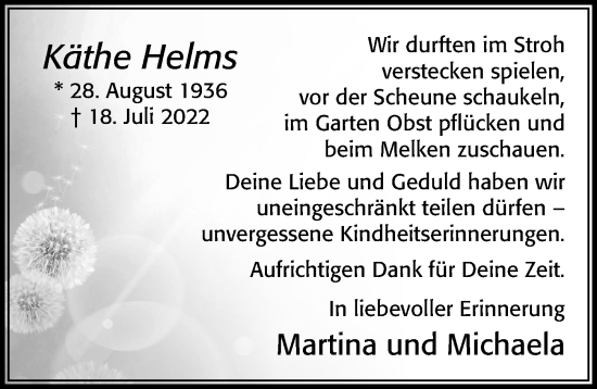 Traueranzeige von Käthe Helms von Cellesche Zeitung