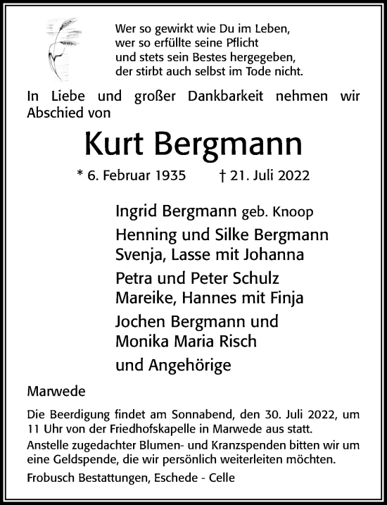 Traueranzeige von Kurt Bergmann von Cellesche Zeitung