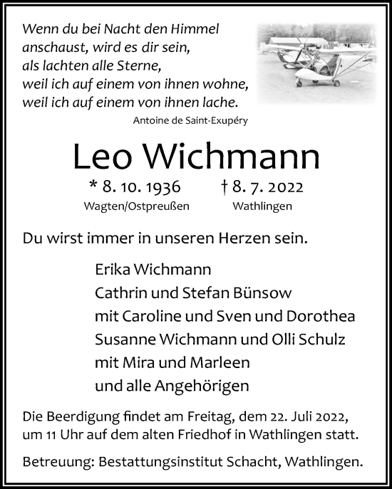 Traueranzeige von Leo Wichmann von Cellesche Zeitung