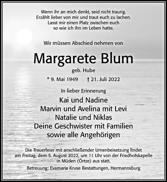 Traueranzeige von Margarete Blum von Cellesche Zeitung