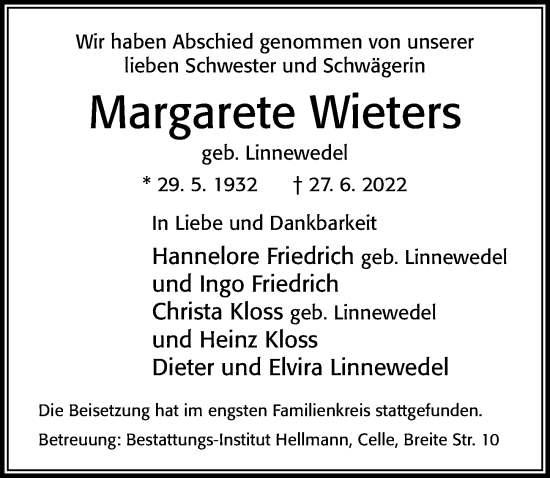 Traueranzeige von Margarete Wieters von Cellesche Zeitung