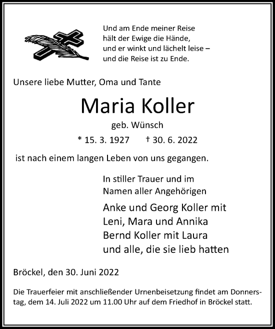 Traueranzeige von Maria Koller von Cellesche Zeitung