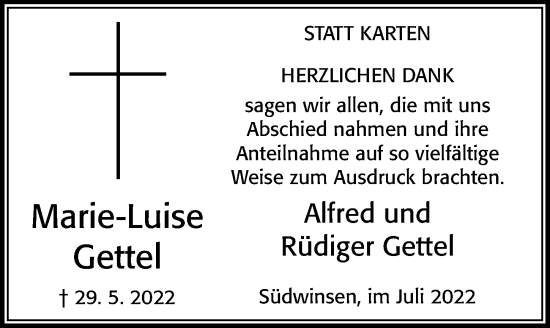 Traueranzeige von Marie-Luise Gettel von Cellesche Zeitung