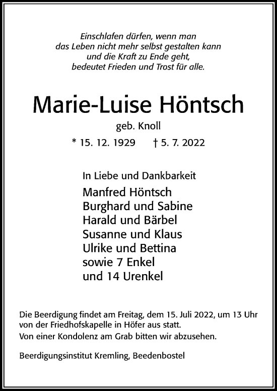Traueranzeige von Marie-Luise Höntsch von Cellesche Zeitung