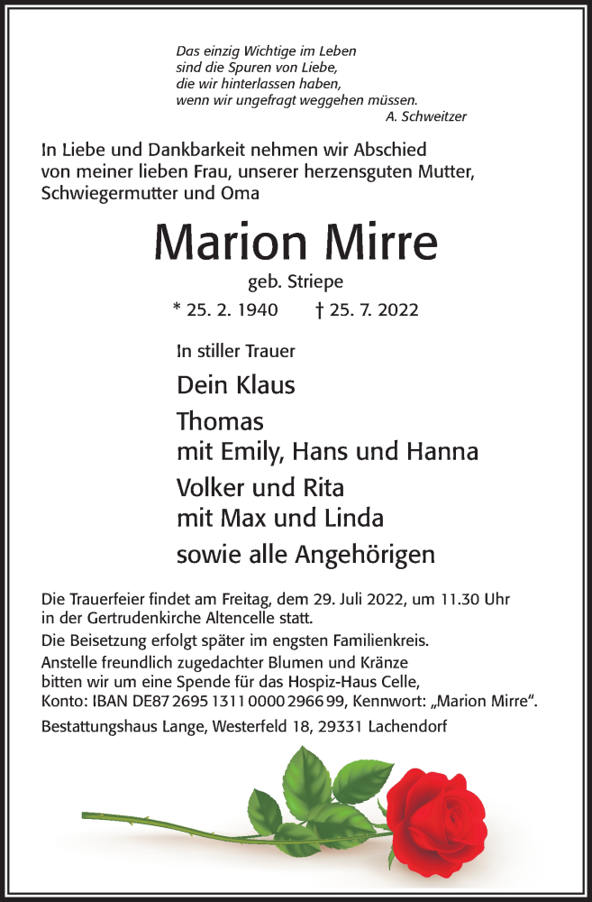  Traueranzeige für Marion Mirre vom 27.07.2022 aus Cellesche Zeitung
