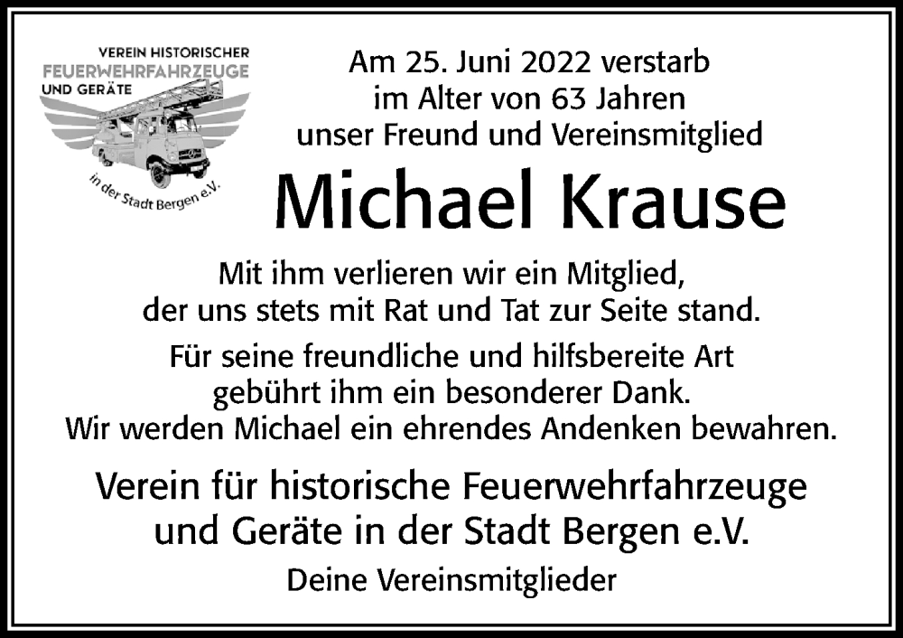  Traueranzeige für Michael Krause vom 02.07.2022 aus Cellesche Zeitung