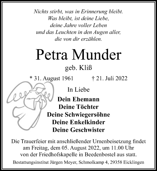 Traueranzeige von Petra Munder von Cellesche Zeitung