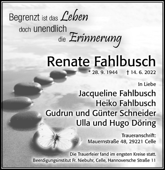 Traueranzeige von Renate Fahlbusch von Cellesche Zeitung