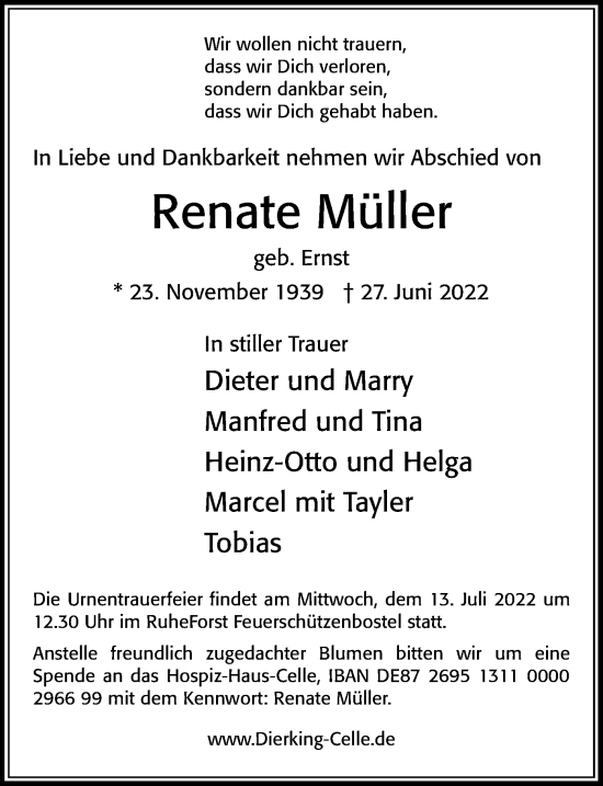 Traueranzeige von Renate Müller von Cellesche Zeitung