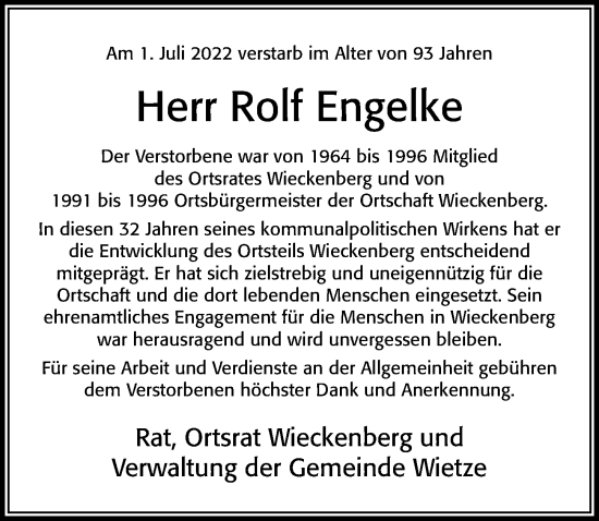 Traueranzeige von Rolf Engelke von Cellesche Zeitung